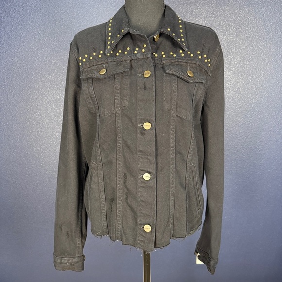 NWT Sanctuary Black Distressed Jean Jacket with Gold Rivets, Size 8 - Picture 1 of 10